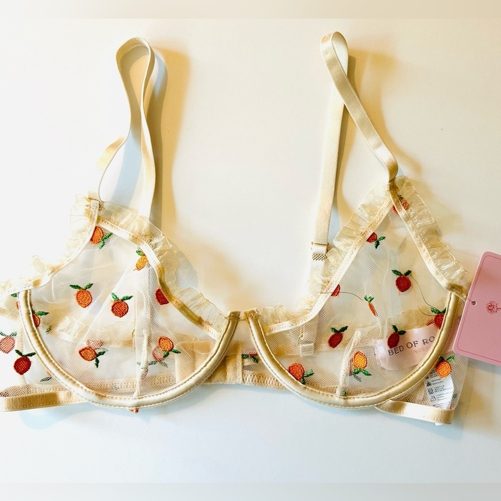 NEW! BED OF ROSES Bra Lingerie Mesh Ruffle Feminine Size Medium Embroidered